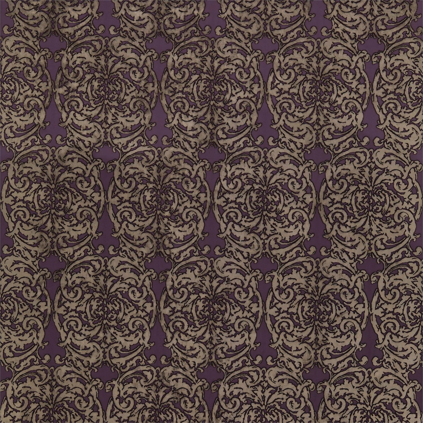 Deep amethyst ground with muted mole scrolling damask and dense woven texture