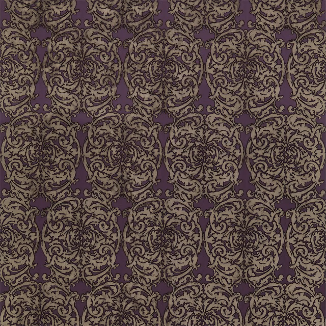 Deep amethyst ground with muted mole scrolling damask and dense woven texture