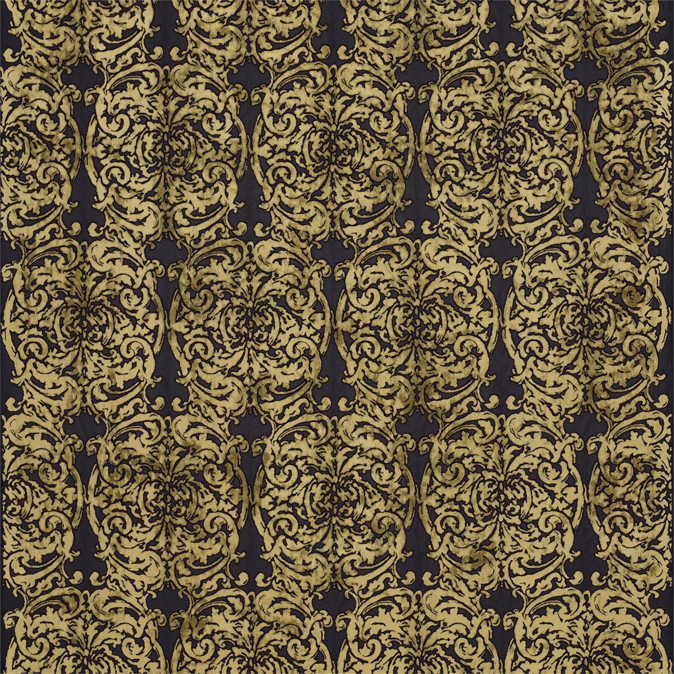 Carbon fabric with intricate old-gold scrolling damask and dense textured weave