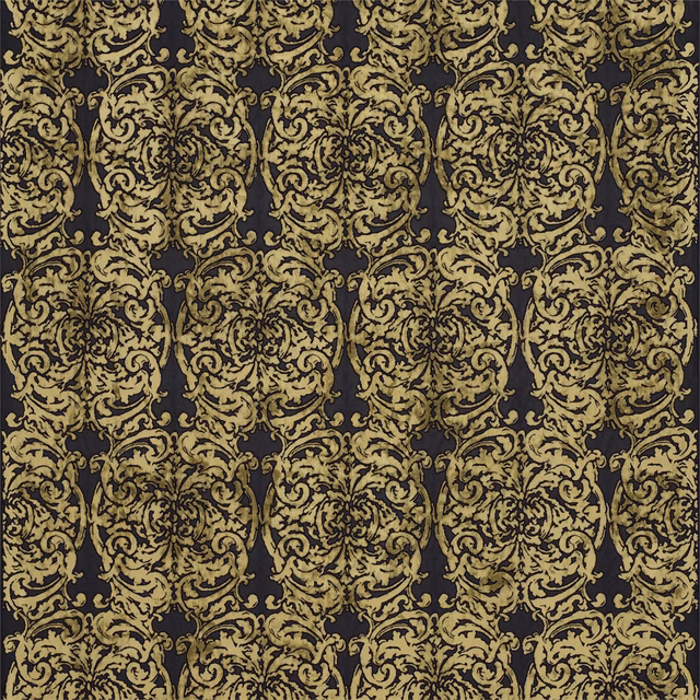 Carbon fabric with intricate old-gold scrolling damask and dense textured weave
