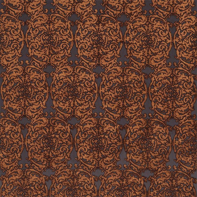 Burnished copper damask scrolls over a deep fig-brown woven ground
