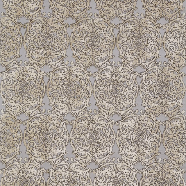 Cool silver-grey damask with pearl scrolls and charcoal woven detailing