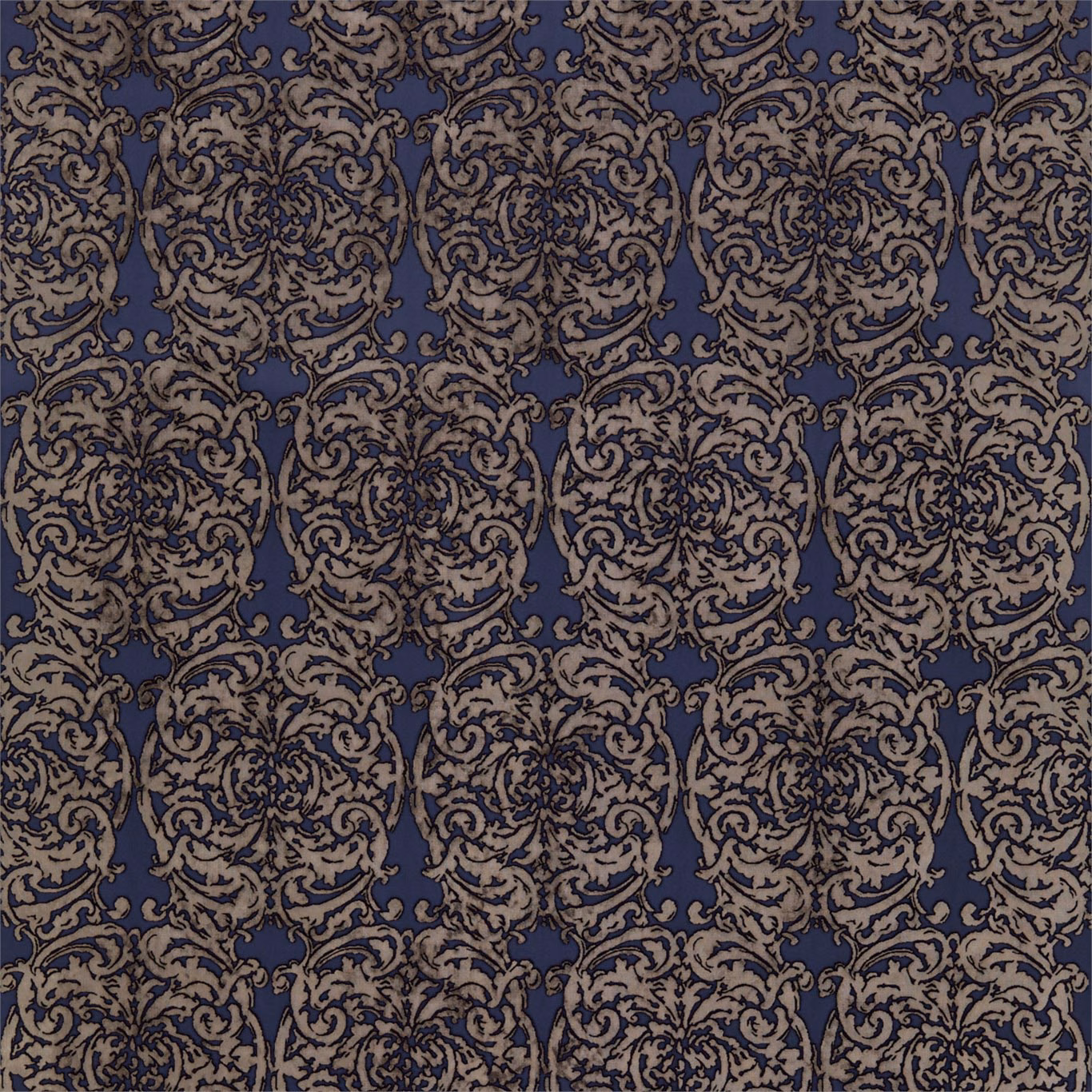 Deep indigo velvet with taupe scrolling damask motifs in repeating vertical rows