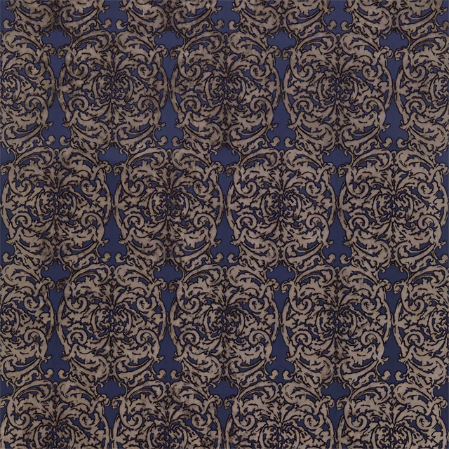 Deep indigo velvet with taupe scrolling damask motifs in repeating vertical rows
