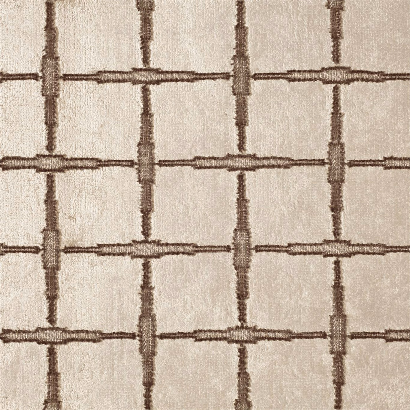 Pearl beige velvet with an irregular taupe-brown square grid and soft textured sheen