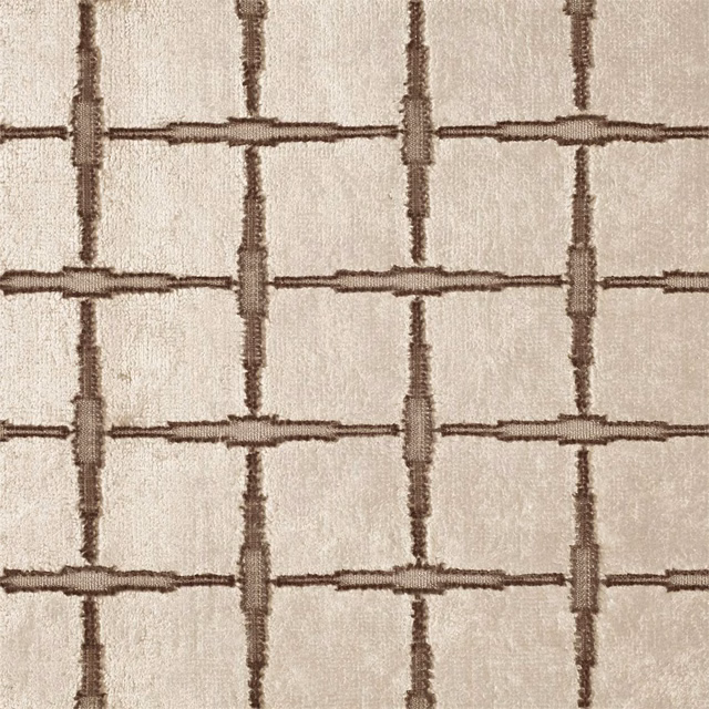 Pearl beige velvet with an irregular taupe-brown square grid and soft textured sheen