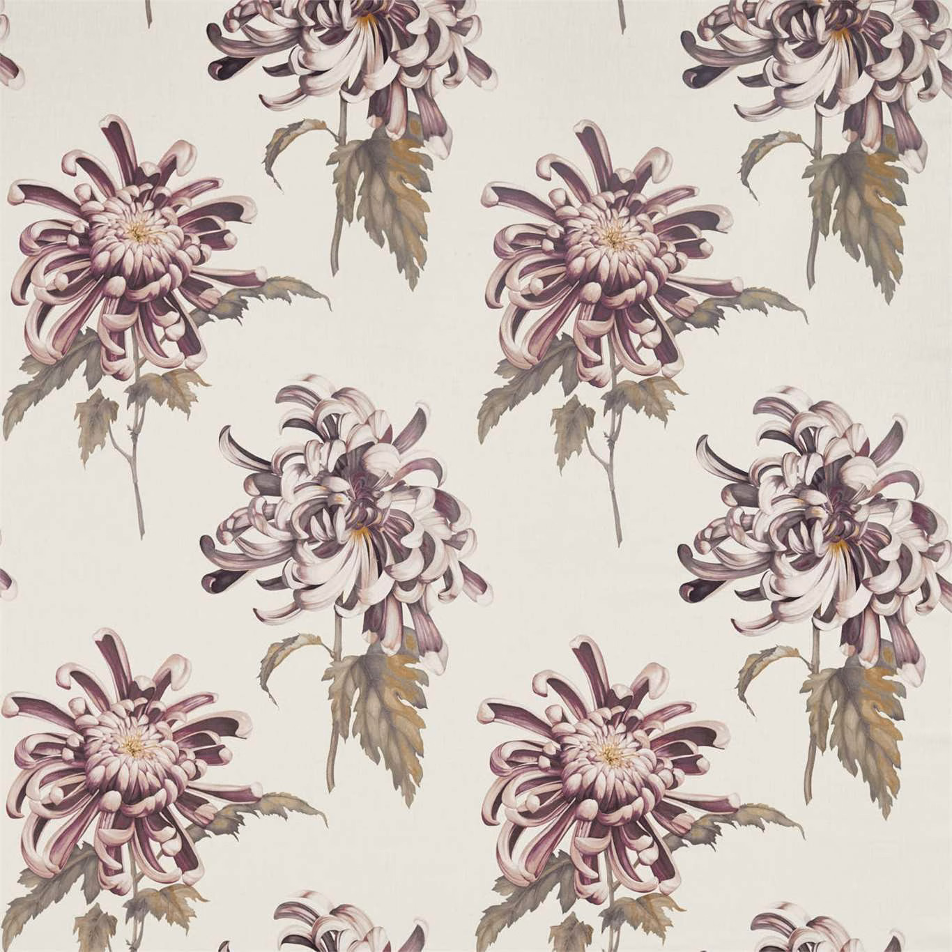Dusty rose chrysanthemum blooms on a linen ground with muted taupe foliage
