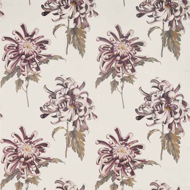 Dusty rose chrysanthemum blooms on a linen ground with muted taupe foliage