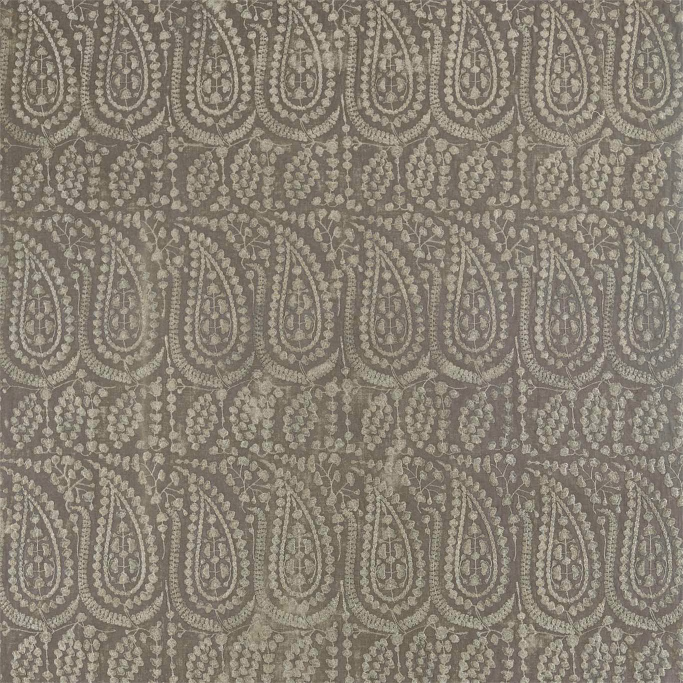 Muted Logwood grey woven fabric with pale paisley and floral bands