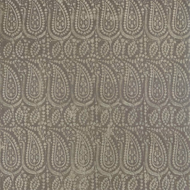 Muted Logwood grey woven fabric with pale paisley and floral bands