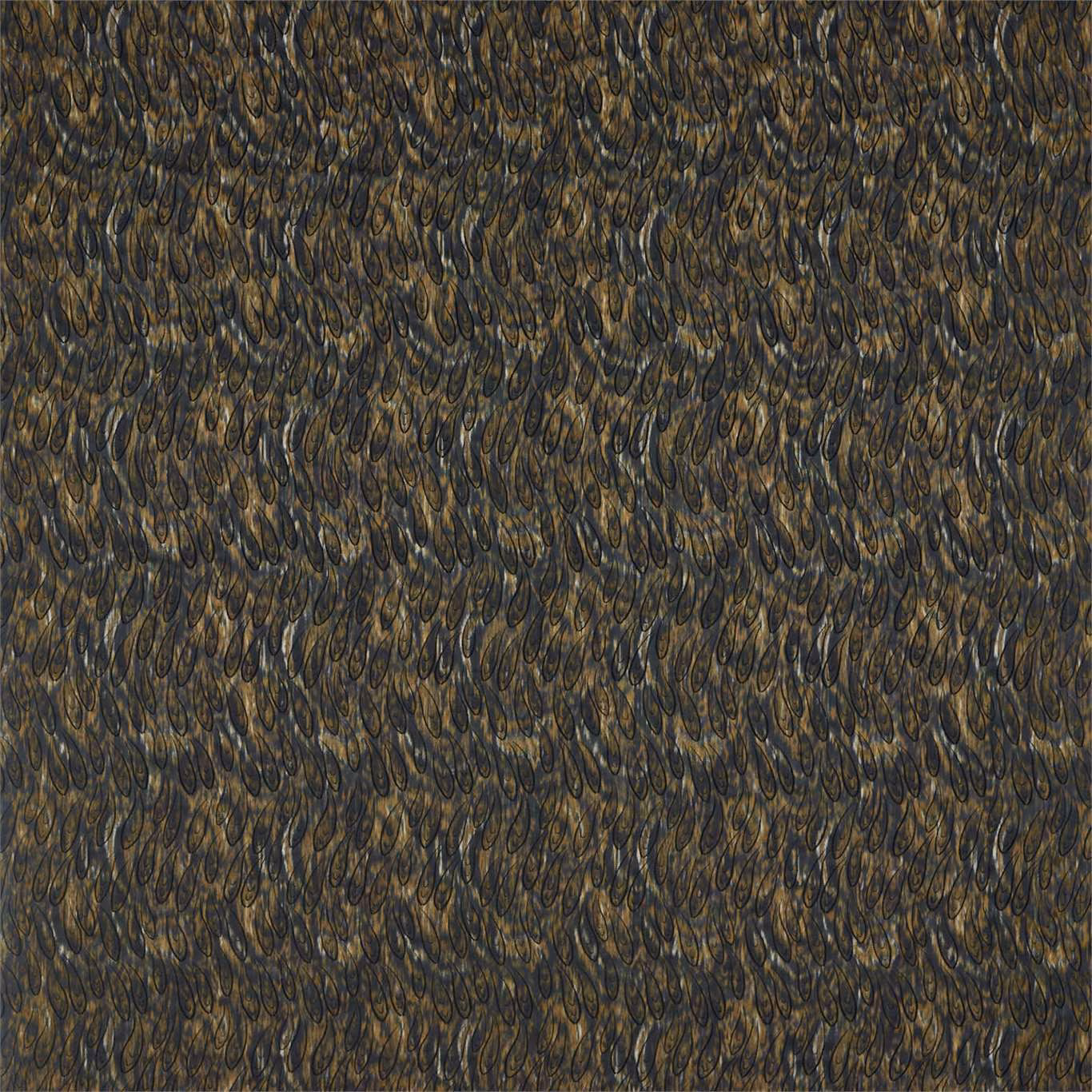 Dense bronze and ink-blue looping strokes on a finely textured dark textile