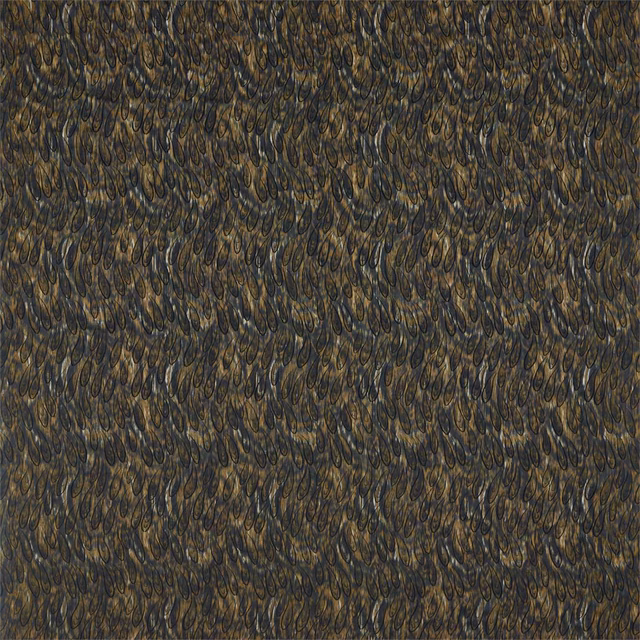 Dense bronze and ink-blue looping strokes on a finely textured dark textile