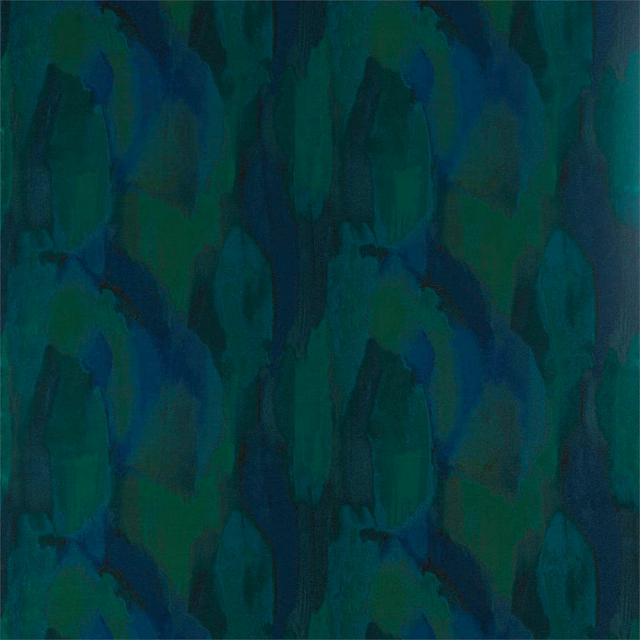 Deep blue-teal Hepworth fabric with painterly malachite-green vertical forms