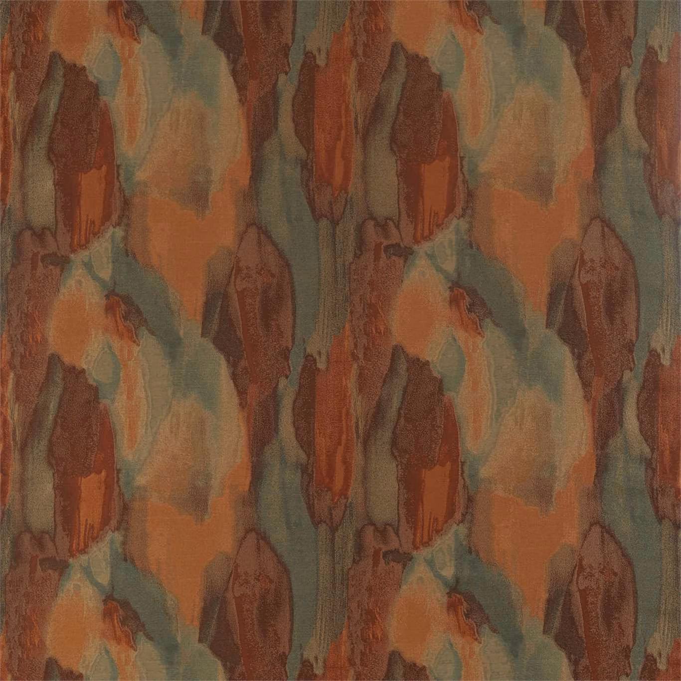 Rust, terracotta and muted teal painterly vertical motifs on softly textured fabric