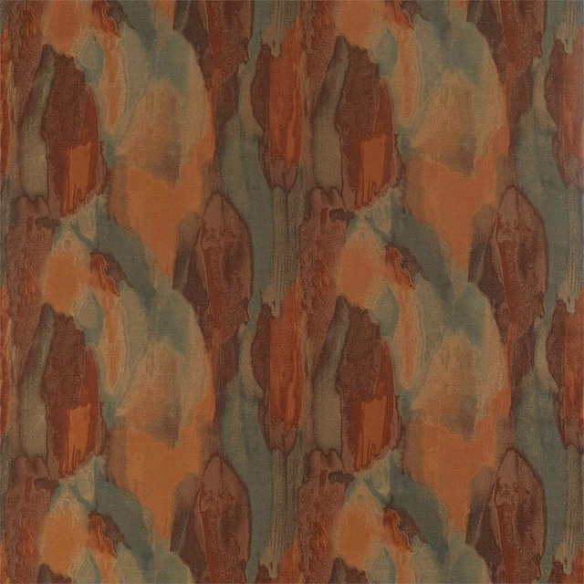 Rust, terracotta and muted teal painterly vertical motifs on softly textured fabric