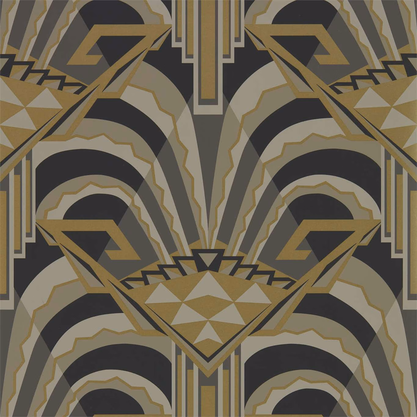 Antique bronze Art Deco fan and stepped geometric motifs on charcoal, taupe and cream