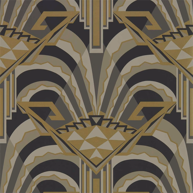 Antique bronze Art Deco fan and stepped geometric motifs on charcoal, taupe and cream