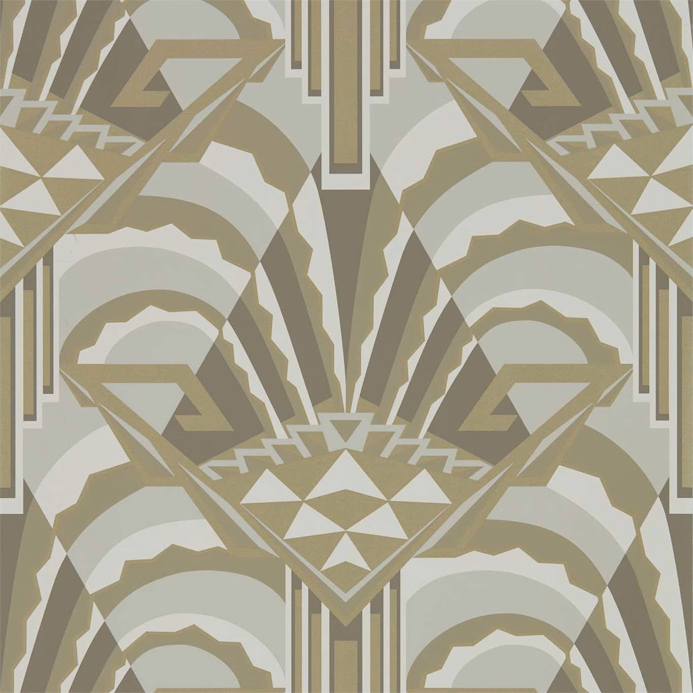 Pearl-grey wallpaper with taupe Art Deco arches, diamonds and cream fan shapes