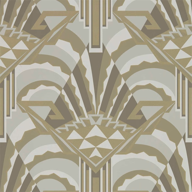 Pearl-grey wallpaper with taupe Art Deco arches, diamonds and cream fan shapes