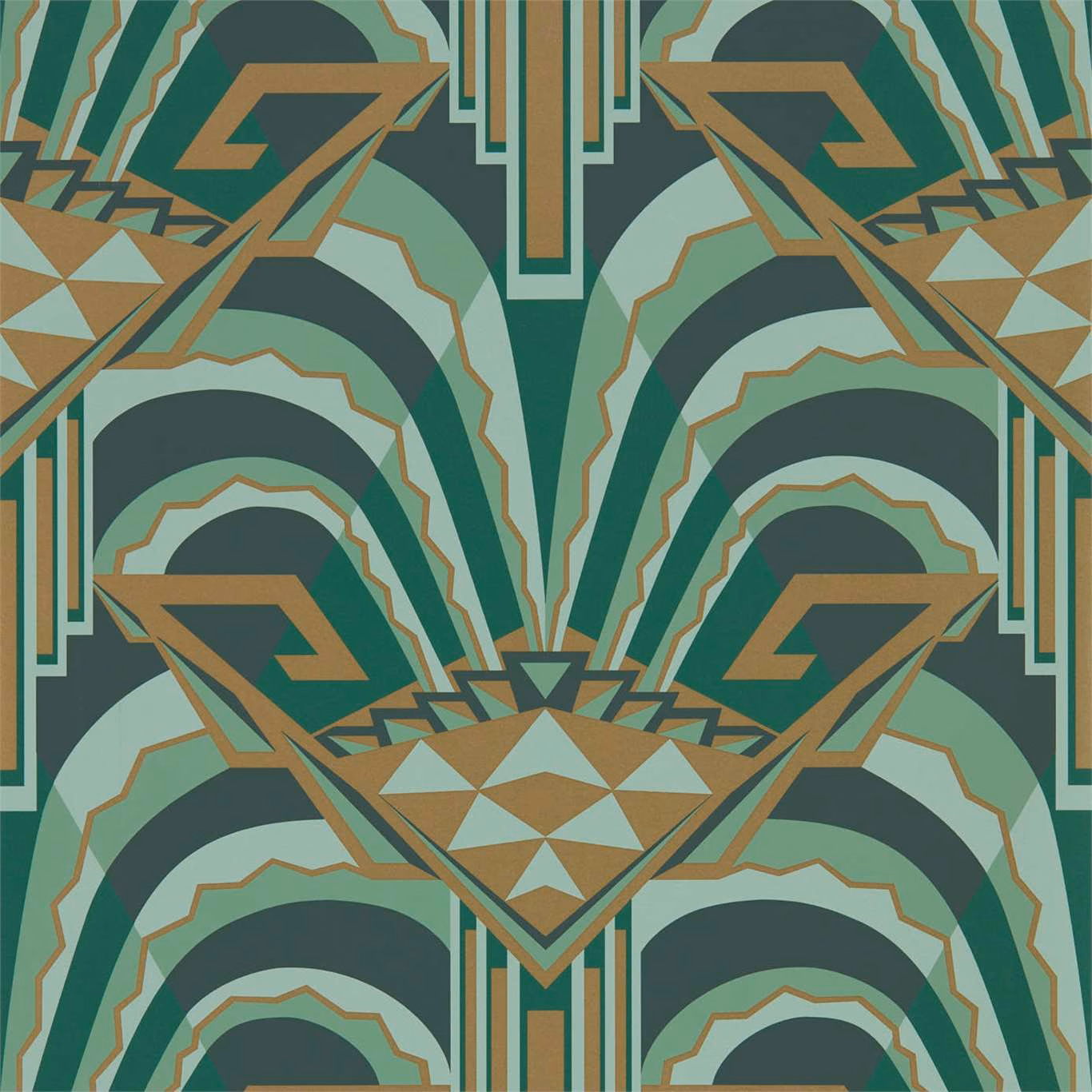 Deep teal and ochre geometric arches with pale mint detailing