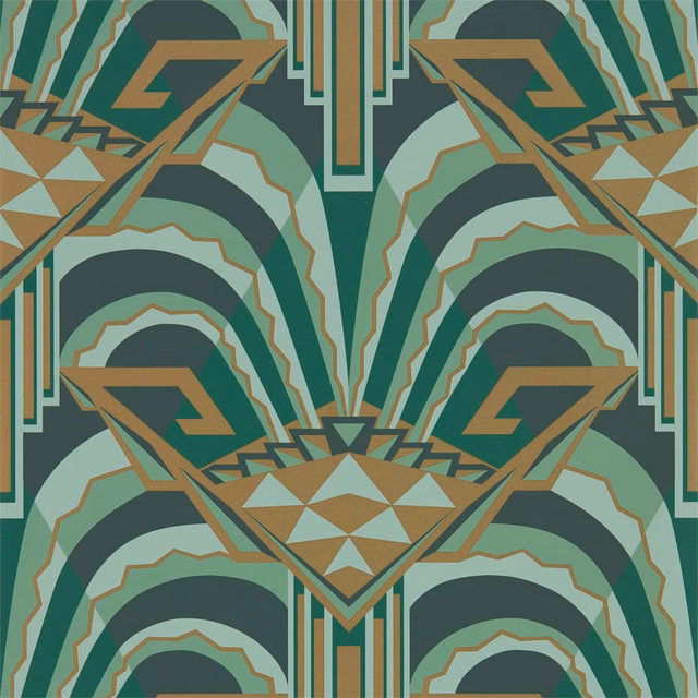 Deep teal and ochre geometric arches with pale mint detailing