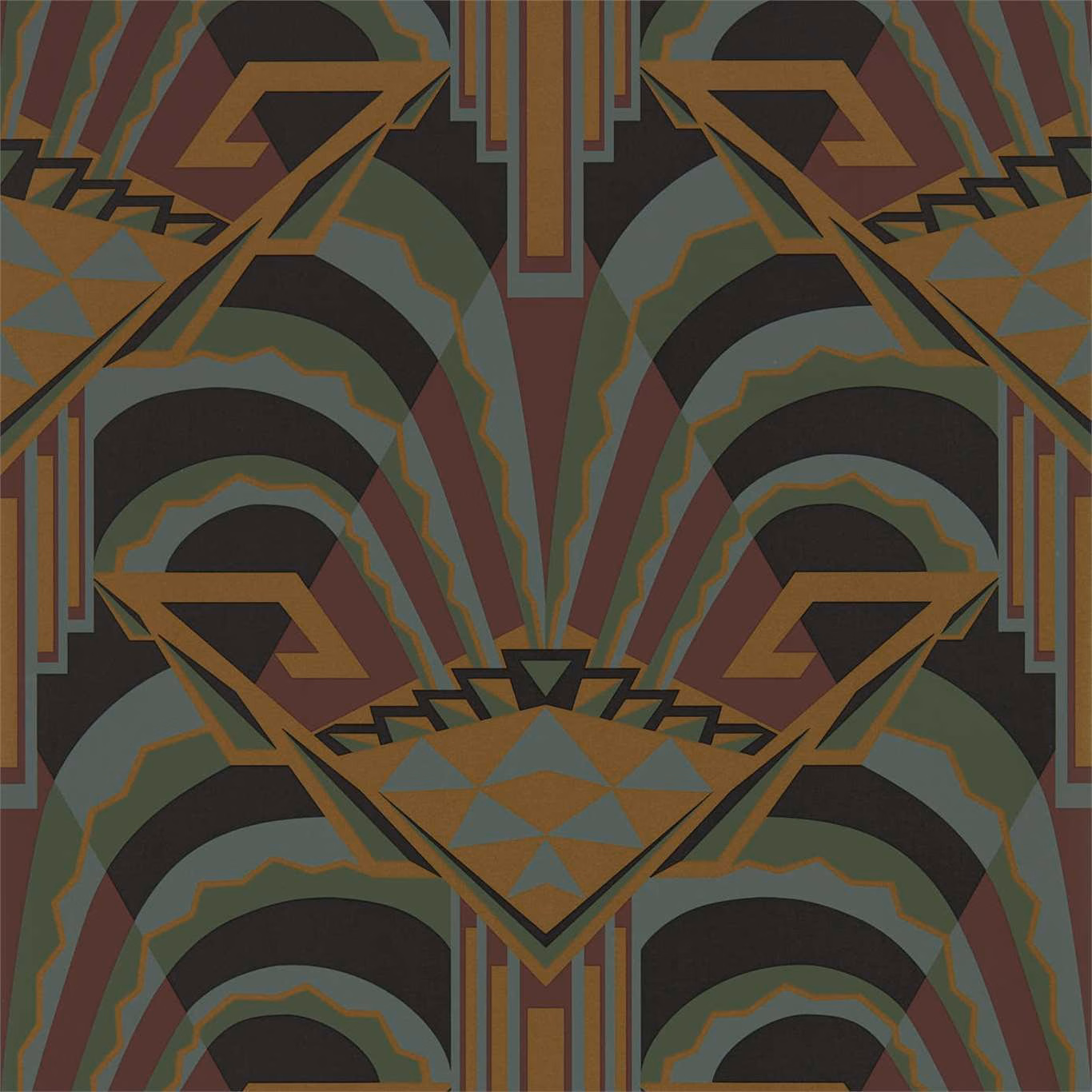 Charcoal wallpaper with mirrored teal arches, rust lines and ochre geometric diamonds