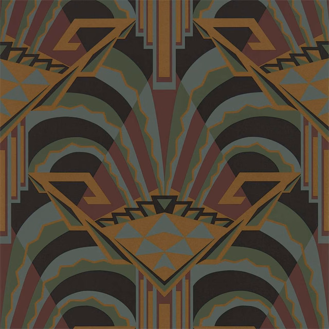 Charcoal wallpaper with mirrored teal arches, rust lines and ochre geometric diamonds