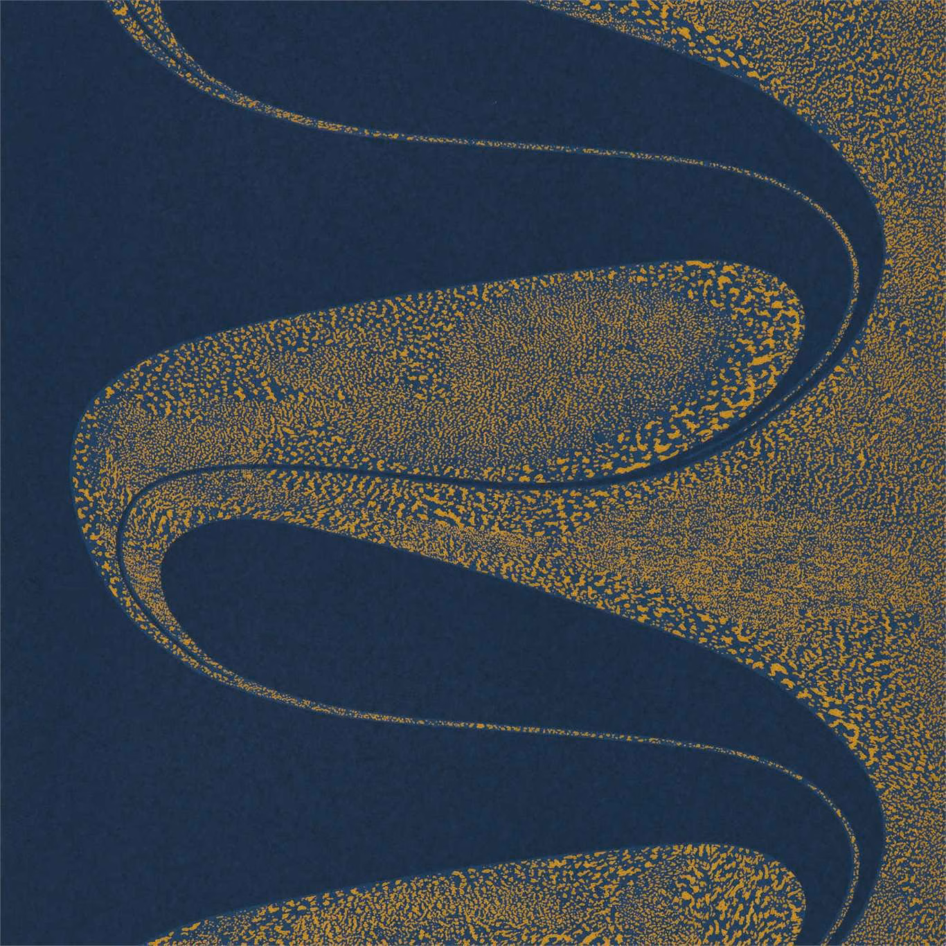 Ink-blue wallpaper with sweeping ochre-gold speckled curves and a granular texture
