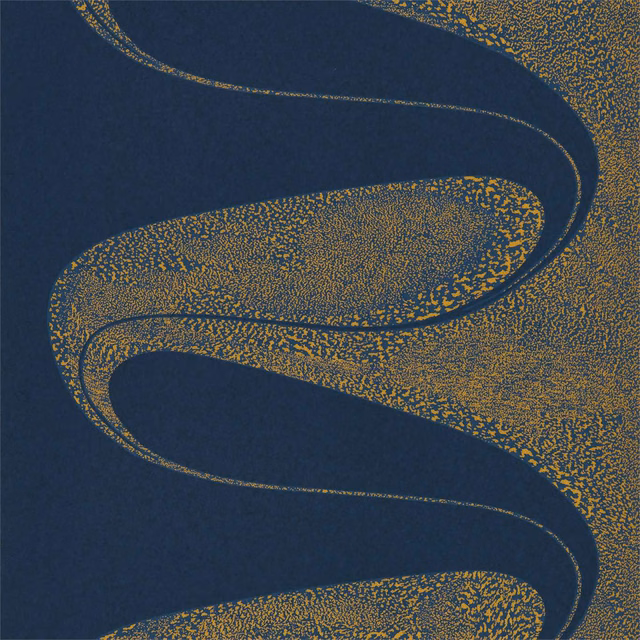 Ink-blue wallpaper with sweeping ochre-gold speckled curves and a granular texture