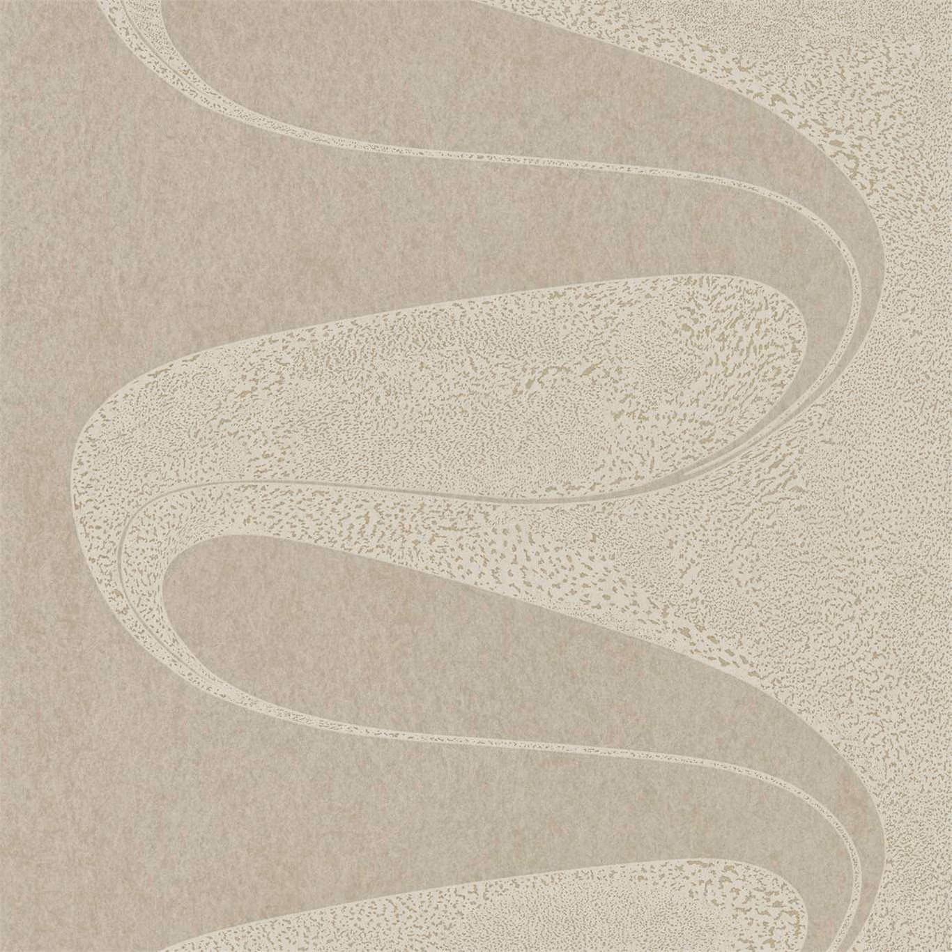 Smoked pearl taupe wallpaper with pale sweeping ribbons and fine stippled texture