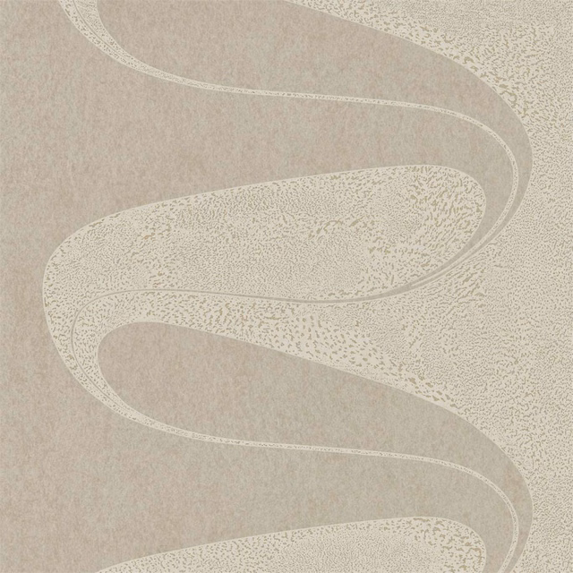 Smoked pearl taupe wallpaper with pale sweeping ribbons and fine stippled texture