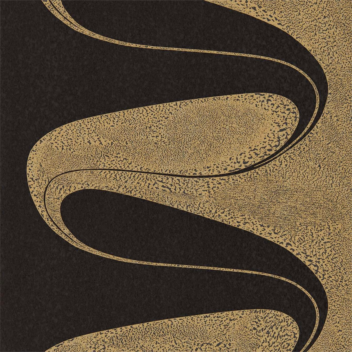 Black wallpaper with sweeping antique-gold vine curves and densely stippled texture