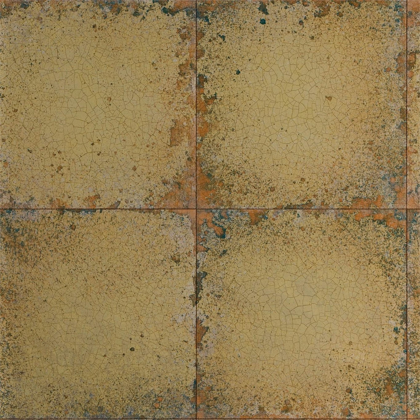 Aged ochre-gold tiled wallpaper with fine crackle lines and teal-rust patina