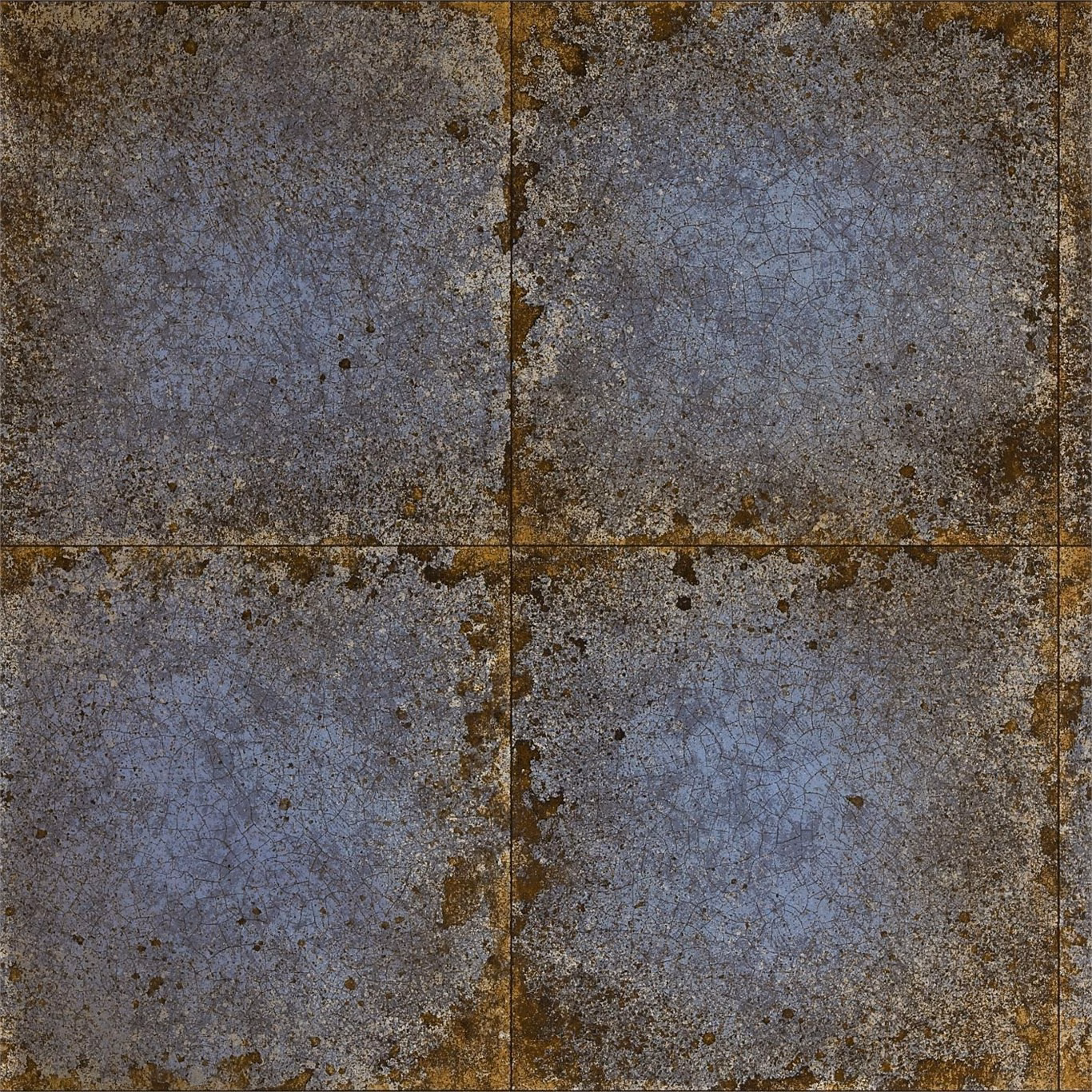 Distressed sapphire blue square tiles with crackled texture and bronze-brown patina