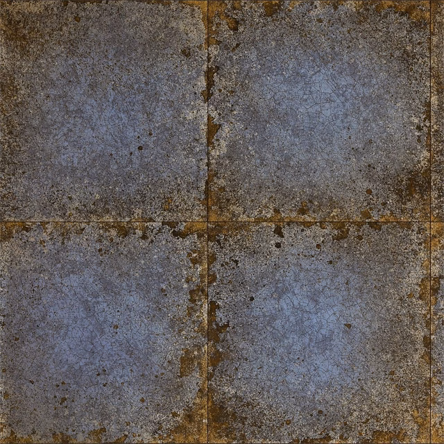 Distressed sapphire blue square tiles with crackled texture and bronze-brown patina