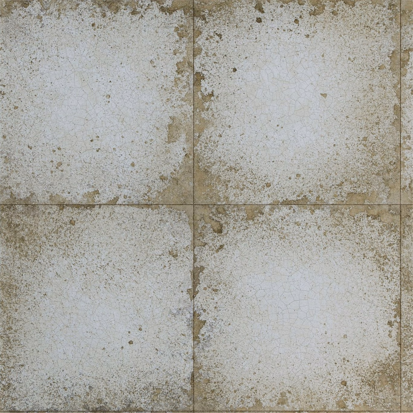 Pale silver-grey tiled wallpaper with distressed crackle and mottled taupe edges