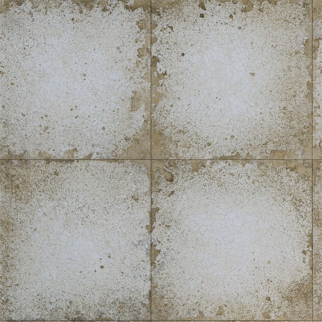Pale silver-grey tiled wallpaper with distressed crackle and mottled taupe edges
