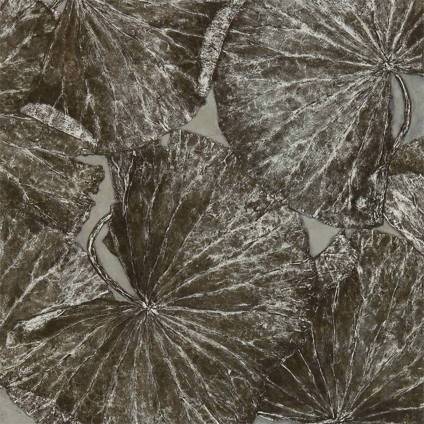 Smoky olive-grey wallpaper with oversized fossil leaves and silver-grey veining