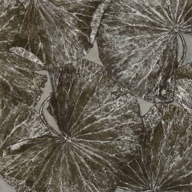 Smoky olive-grey wallpaper with oversized fossil leaves and silver-grey veining
