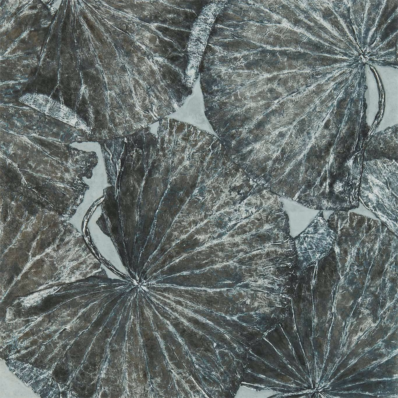 Charcoal blue-grey botanical leaves with pale veining on a cool grey ground