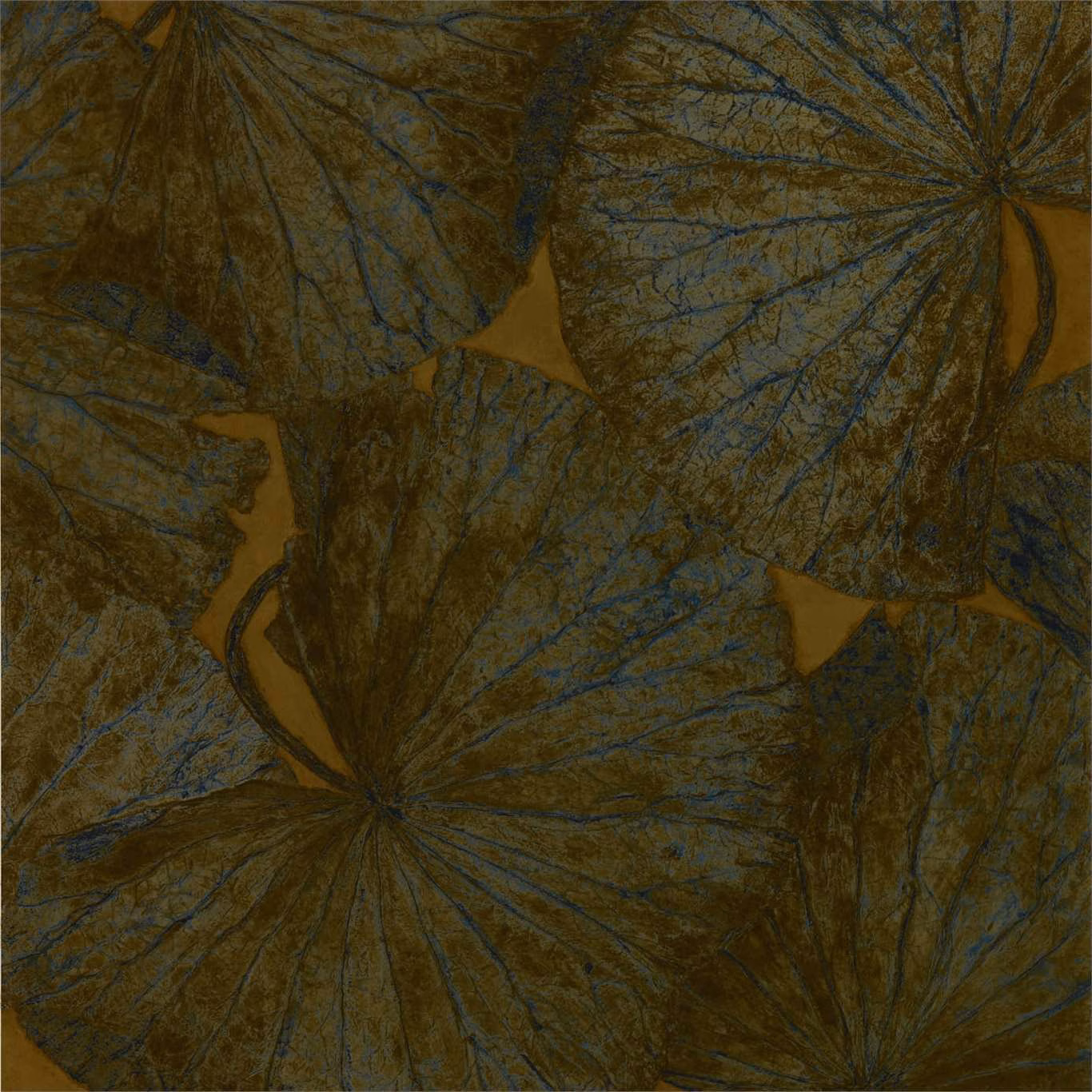 Deep olive wallpaper with ochre fan motifs and blue-grey botanical veining