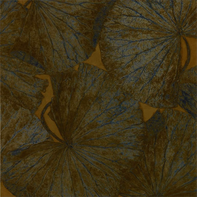 Deep olive wallpaper with ochre fan motifs and blue-grey botanical veining