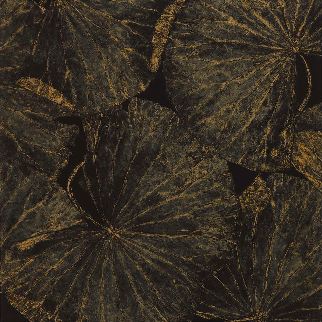 Near-black wallpaper with oversized bronze-gold veined botanical leaves and blooms