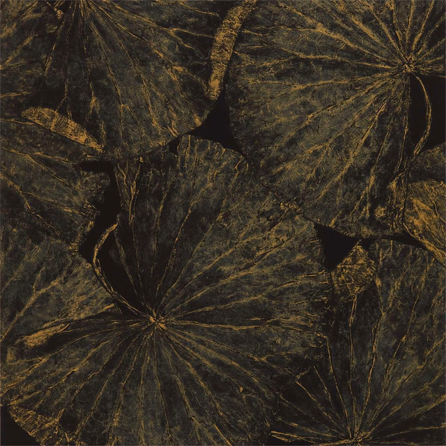 Near-black wallpaper with oversized bronze-gold veined botanical leaves and blooms