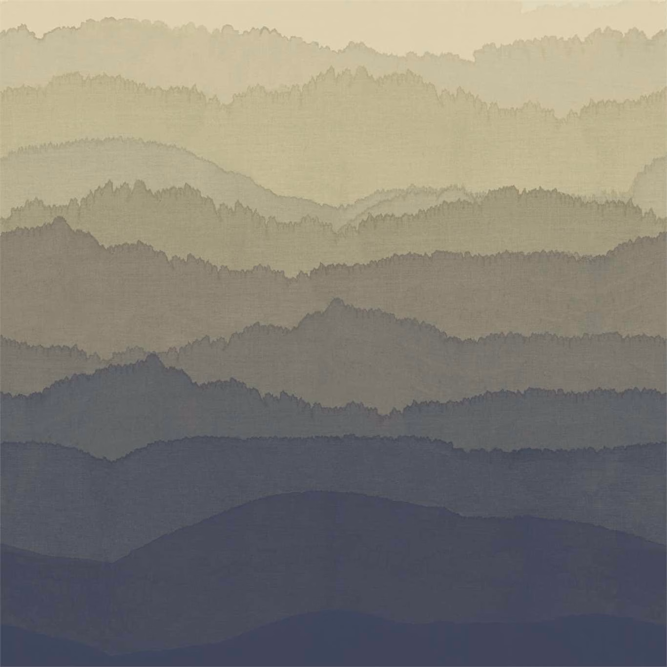 Layered mountain landscape wallpaper in warm taupe, slate grey and deep ink blue