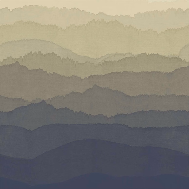 Layered mountain landscape wallpaper in warm taupe, slate grey and deep ink blue