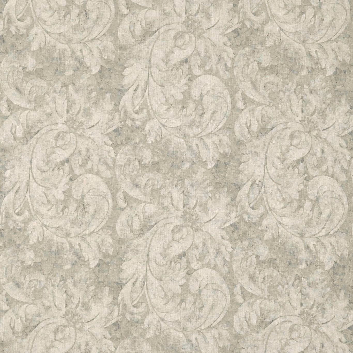 Pale sage-grey damask swatch with softly mottled ground and curling acanthus motifs