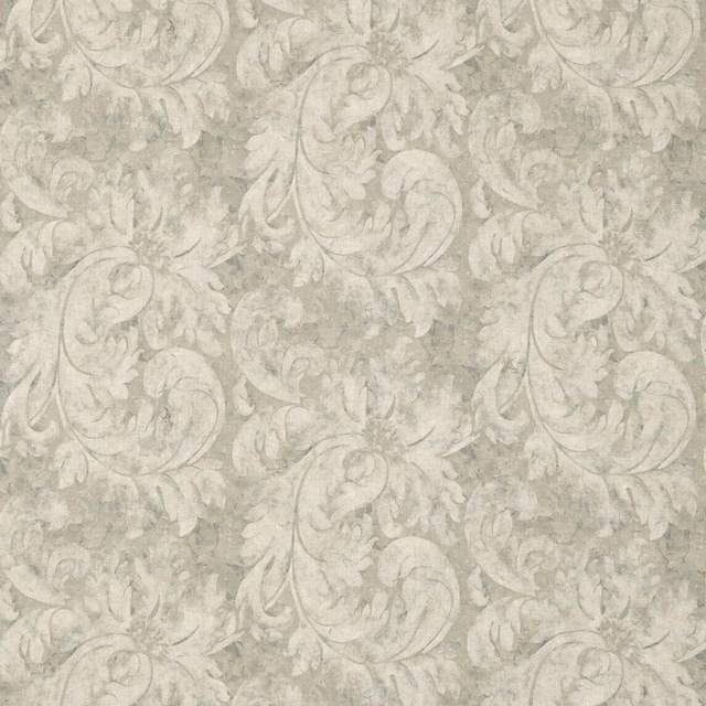Pale sage-grey damask swatch with softly mottled ground and curling acanthus motifs