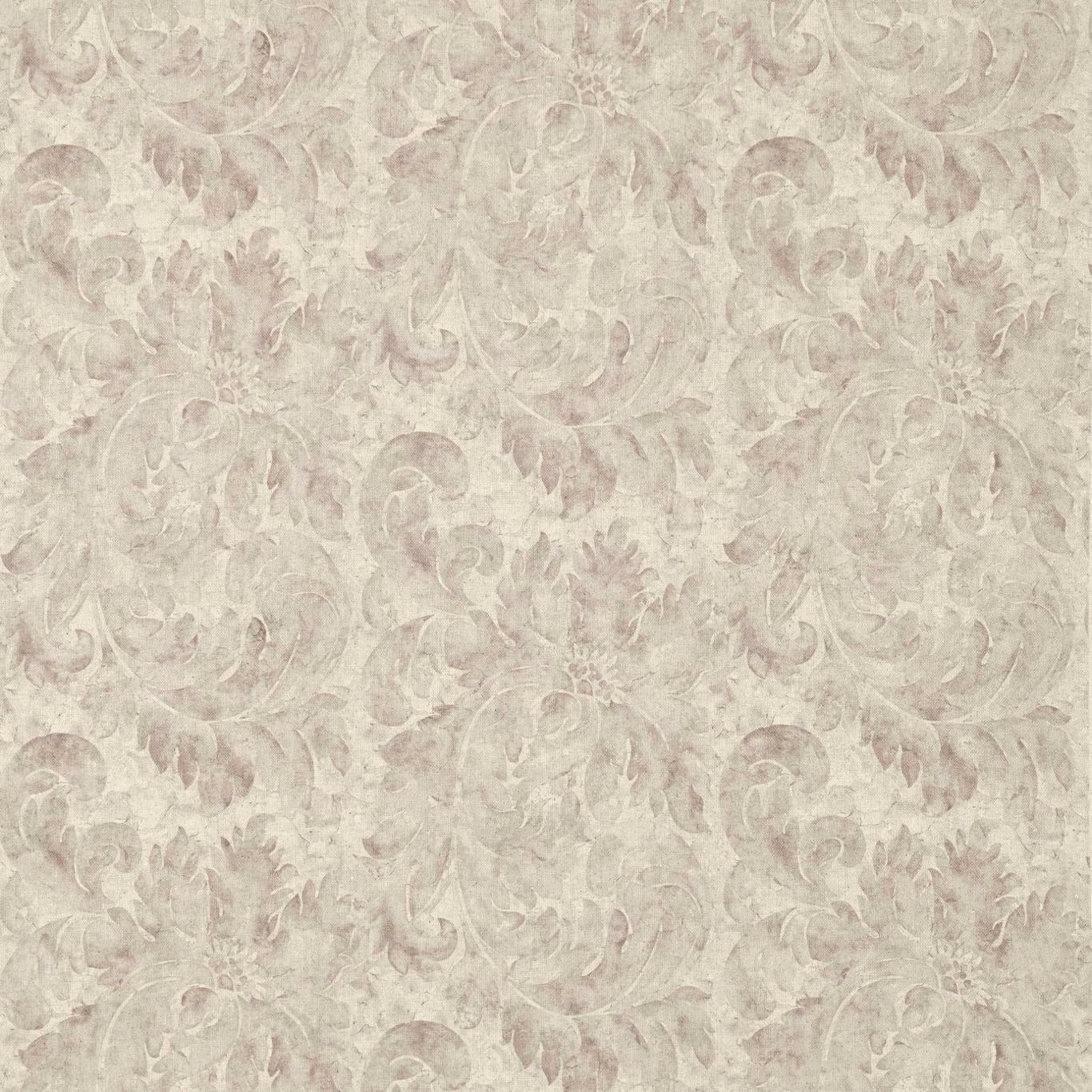 Pale platinum grey damask with taupe scrolls and softly mottled classical leaf motifs