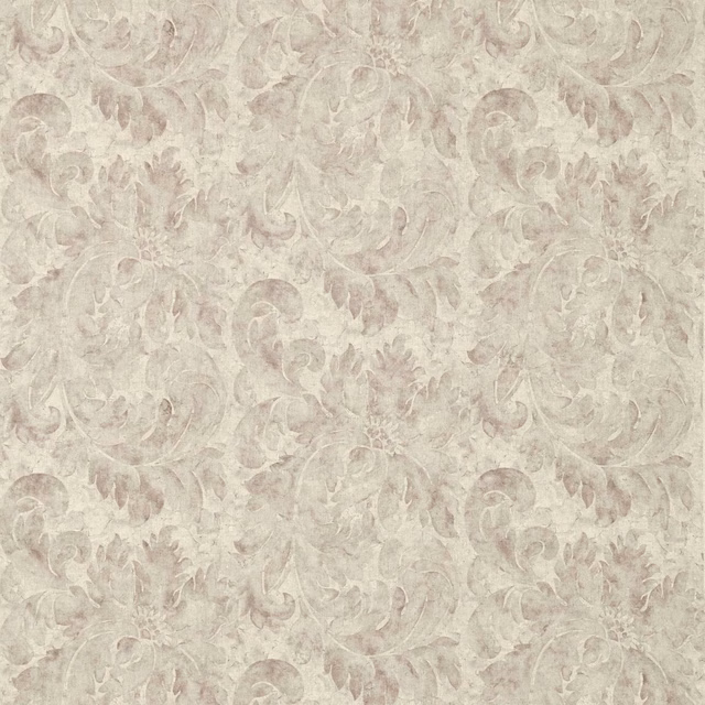 Pale platinum grey damask with taupe scrolls and softly mottled classical leaf motifs